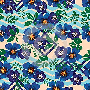 Anemone blue flower diamond chevron seamless pattern