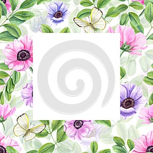 Anemone flower, green leaves and butterfly. Square floral frame. Clitoria, acacia or tea leaf. White cabbage. Watercolor