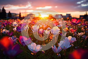 Anemone flowers in a meadow at sunset. Beautiful summer landscape. Generative AI
