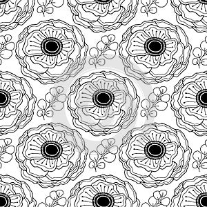 Anemone flowers pattern. Repeat floral background. Floral pattern for textile design. Modern flowers illustration