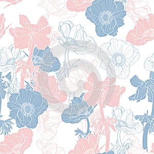 Anemone. Seamless pattern of pink blue line flowers. Floral background.