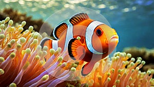 Anemonefish or Clown Fish Gracefully Swimming in a Vibrant Coral Reef - Generative Ai