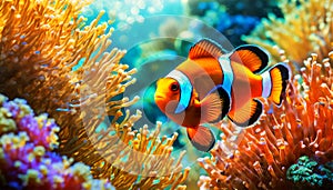 Anemonefish or Clown Fish Gracefully Swimming in a Vibrant Coral Reef - Generative Ai