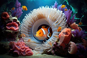 anemonefish playfully darting around its sea anemone home