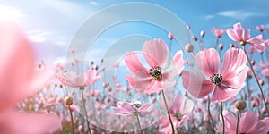 Anemones pink flowers field in the fresh spring against blue sky,