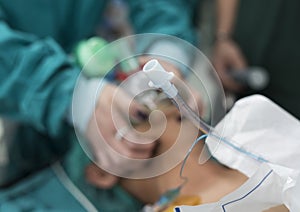 anesthesiologist doctor hold oxygen mask and prepare for intubation