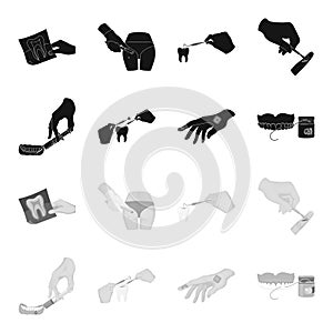 Anesthetic injection, dental instrument, hand manipulation, tooth cleaning and other web icon in black,monochrome style