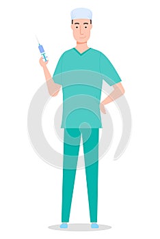 Anesthetist with syringe, nurse man with with syringe with medicine in hand, healthcare concept