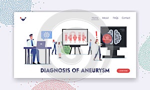 Aneurysm Diagnosis Landing Page Template. Tiny Doctor Characters at Huge Infographic Brain Disease Artery Wall Weakening