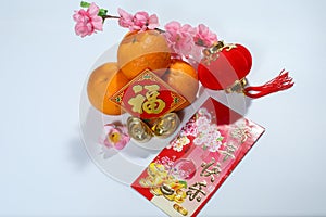 Ang Pao, Chinese decorations with Happy New Year greetings on angpao, Fook and red lantern and oranges