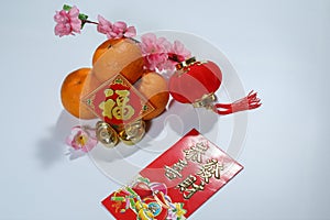 Ang Pao, Chinese New Year decorations Mandarin oranges, red lantern,ingots and `Fook`