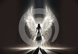 Angel abstract silhouette in white dress with light around him, generated ai