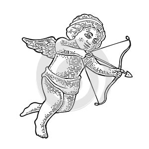 Angel amour with bow and arrow. Vector black engraving