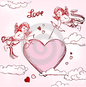 Angel, amyr little baby set. Cupid shoots a bow with an arrow at the heart, love, Valentine s day, greeting card hand