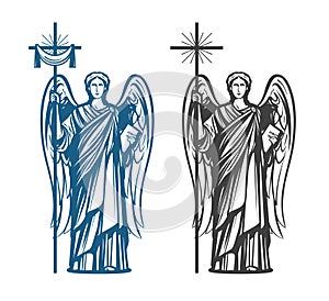 Angel, Archangel with wings. Bible, religion, belief, worship concept. Vintage sketch vector illustration