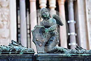 Angel with armor on the metal fence near the Cappella Colleoni was built with marble elements between 1472 and 1476 of the