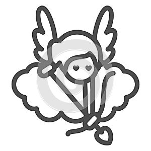 Angel with arrow and bow line icon, Valentines Day concept, Cupid with target on cloud sign on white background, Cupid