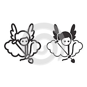 Angel with arrow and bow line and solid icon, Valentines Day concept, Cupid with target on cloud sign on white