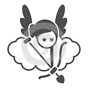 Angel with arrow and bow solid icon, Valentines Day concept, Cupid with target on cloud sign on white background, Cupid