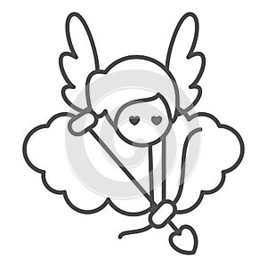Angel with arrow and bow thin line icon, Valentines Day concept, Cupid with target on cloud sign on white background