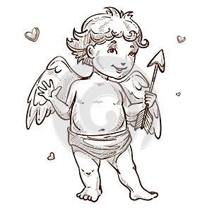 Angel with arrow and wings Valentines day cupid sketch