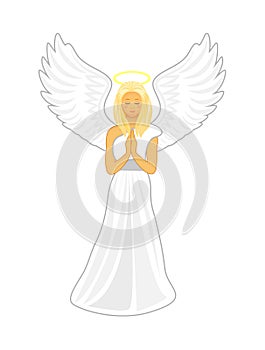 Angel with big white wings and a golden halo over her head.