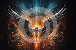 angel with big wings, fire sky background, with exploding elements