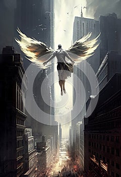 An angel with big wings flies over the city. AI Generated