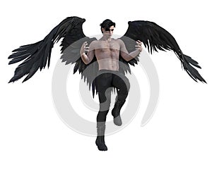 Angel with black wings flying with arms outstretched