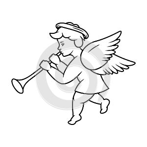 Angel blowing into a tube. Angel with a wings. Valentine's day. Vector illustration