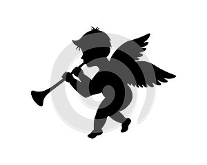 Angel blowing into a tube. Cherub silhouette. Valentine's day. Love symbol. Vector illustration.