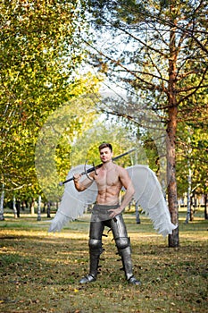 Angel, a bodybuilder in plate armor on his legs with wings behind his back, holds in his hands a two-handed sword
