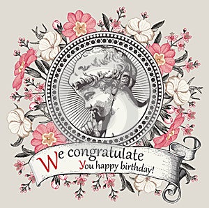 Angel Boy baby child Frame Drawing engraving Vintage background realistic flowers Primrose agrostemma card Vector Illustration