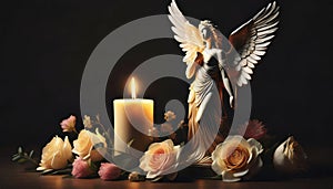 angel with candle and flowers