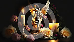 angel with candle and flowers