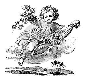 Angel or Cherub Flying over Desert and Throwing Flowers. Bible, New testament. Vintage Antique Drawing