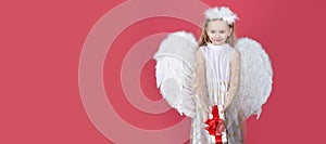 Angel child banner, isolated studio background. Kid girl angel with present gift, studio portrait. Little angel with