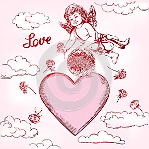 Angel or cupid, little baby fly and gives flowers roses, love, Valentine s day, greeting card hand drawn vector