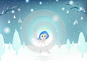 Angel, cute character, Merry Christmas, greeting card, snow fall