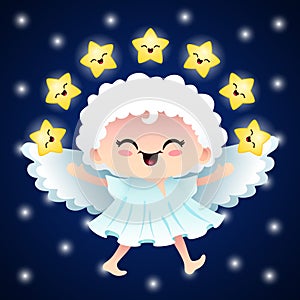 angel with cute little stars on night sky background