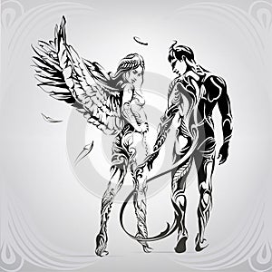 Angel and demon in a floral ornament. vector illustration