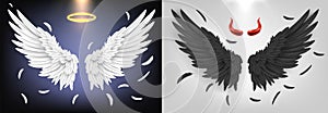 Angel and demon wing. Black and white feathered wings, angelic good and demonic evil concept realistic 3D vector
