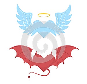 Angel and devil hearts with wings. Blue and red heart. Golden halo, bat wings and tail. Halloween decorative element