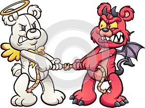 Angel and devil teddy bears in a tug of war