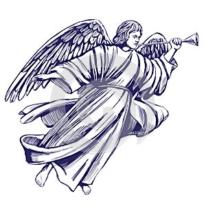 Angel flies and plays the trumpet , religious symbol of Christianity hand drawn vector illustration sketch photo