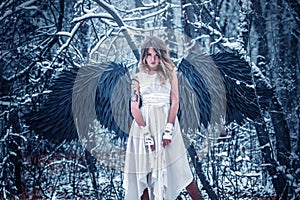 Angel girl with black wings in winter forest.