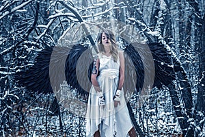 Angel girl with black wings in winter forest.