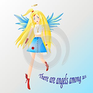 Angel, girl blonde with blue eyes and wings dressed in a white t