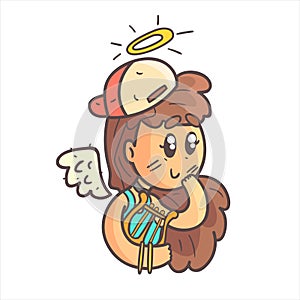 Angel Girl In Cap, Choker And Blue Top Hand Drawn Emoji Cool Outlined Portrait