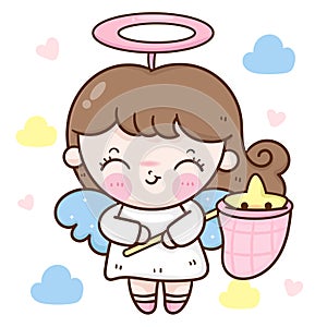 Angel girl Cute cartoon catch star Vector kawaii character sweet dream